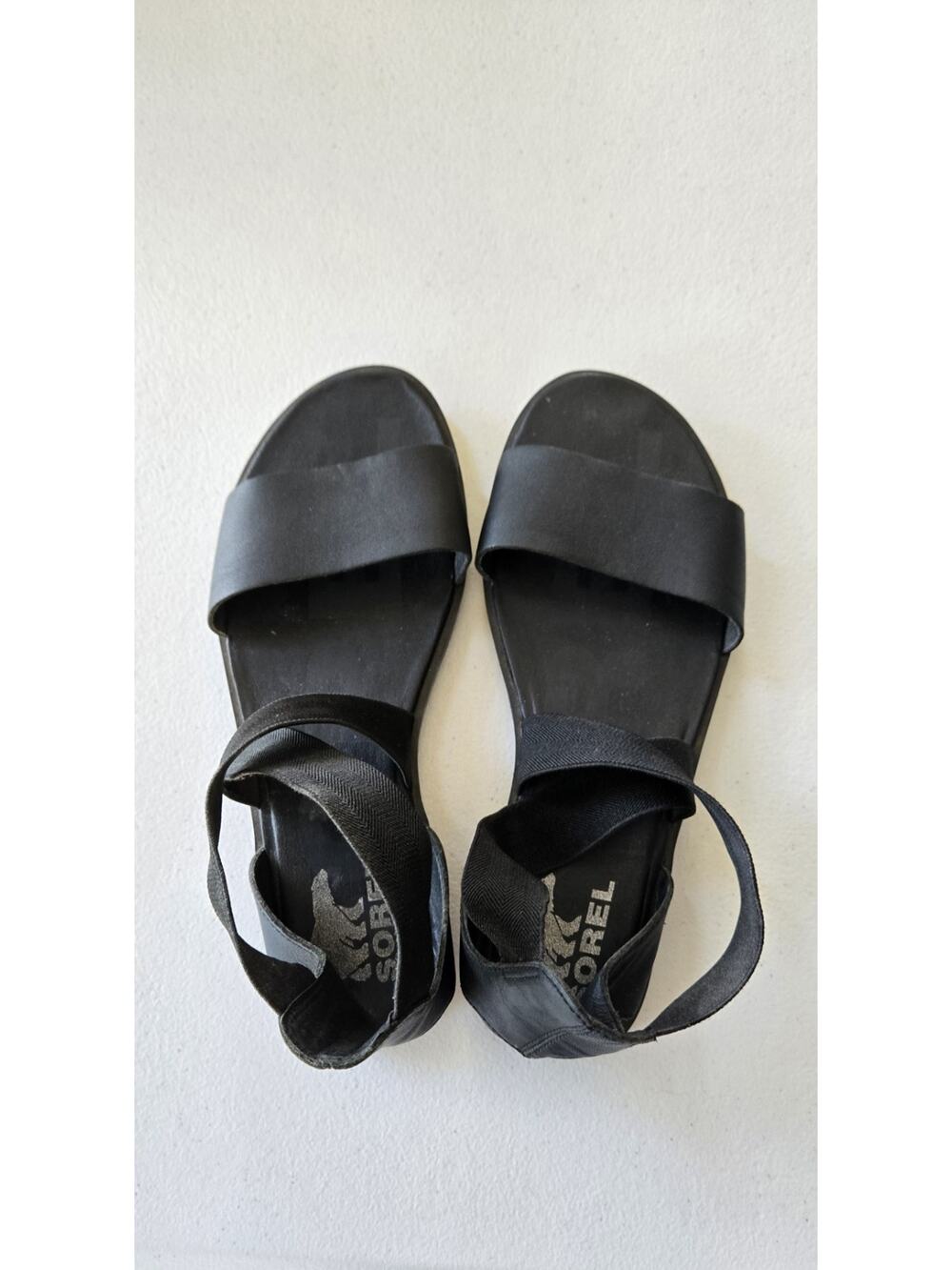 Sorel Ella II Sandals Womens 8.5 Black Leather Stretch Strap Flats Open Toe